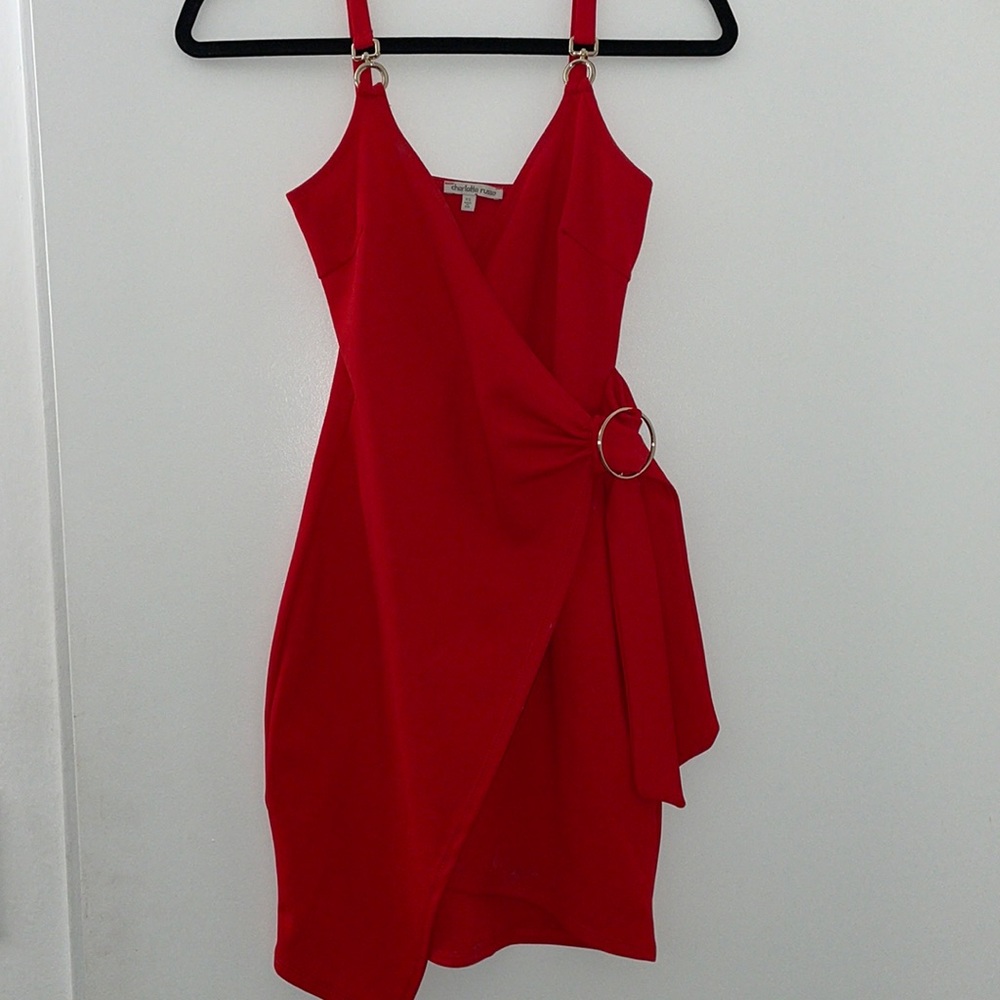 Red Charlotte Russe dress with side slit and gold detailing. Size XS.